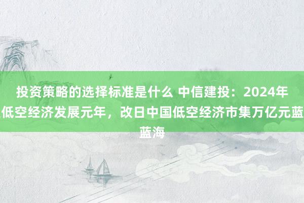 投资策略的选择标准是什么 中信建投：2024年是低空经济发展元年，改日中国低空经济市集万亿元蓝海