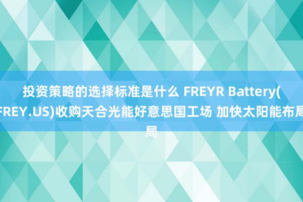 投资策略的选择标准是什么 FREYR Battery(FREY.US)收购天合光能好意思国工场 加快太阳能布局